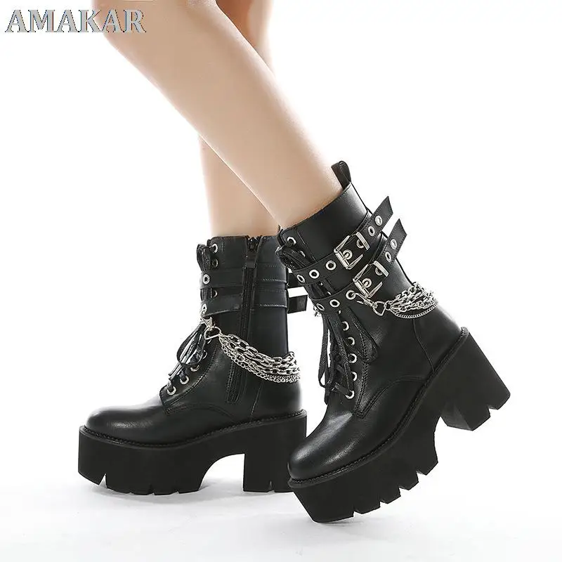 

High Quality Leather Gothic Black Boots Women Heel Sexy Chain Chunky Heel Platform Boots Female Punk Style Ankle Boots Zipper