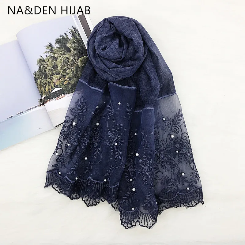 

Hot pearls muffler luxury floral lace edges scarf solid shawl lady pashimina viscose muslim women hijabs fashion scarf 10pcs/lot