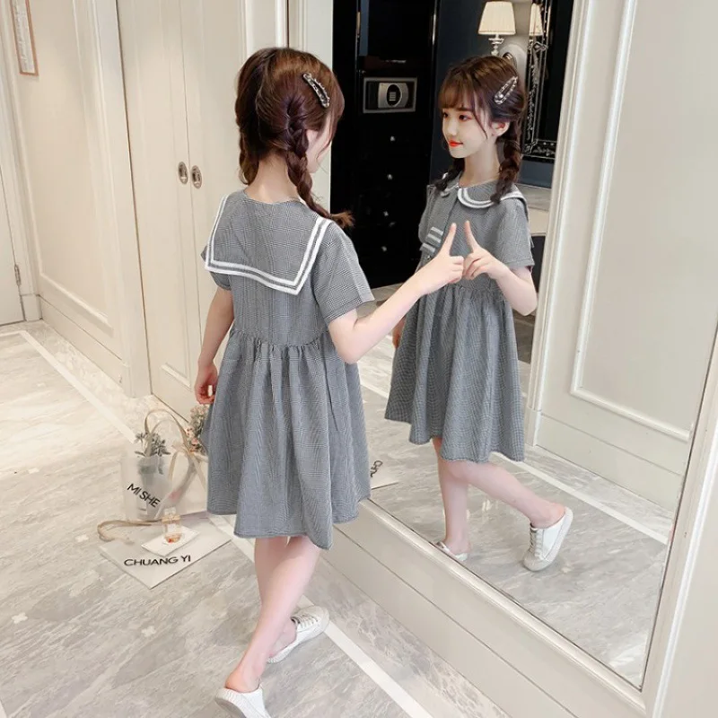 

Girls dress summer 2021 short-sleeved cotton plaid navy collar college style skirt tie pleated princess dress