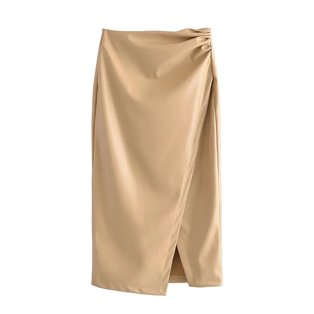 

BBWM 2021 Women Vintage Casual Elegant PU Khaki Skirt Female Streetwear Slim Folds Split Hight Waist Midi Skirt Chic Bottoms