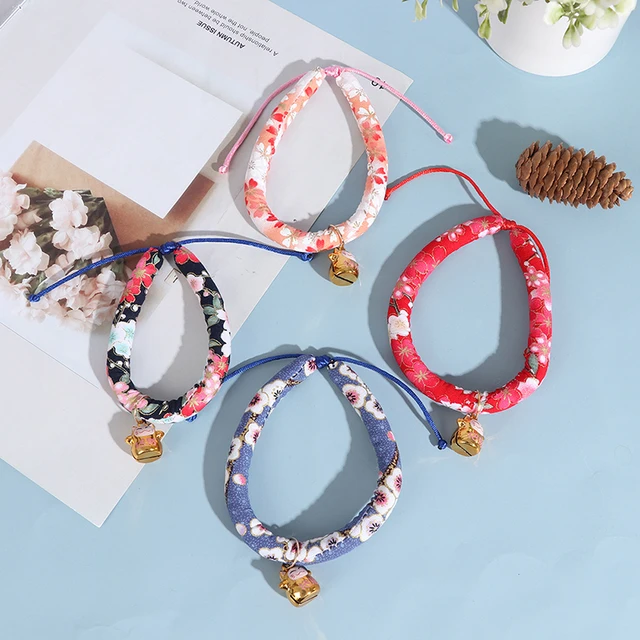 1 Pieces Colorful Japanese Style Cat Dog Collar Luxury Cat Collar With Bell Pet Bell Collars 4 Sizes