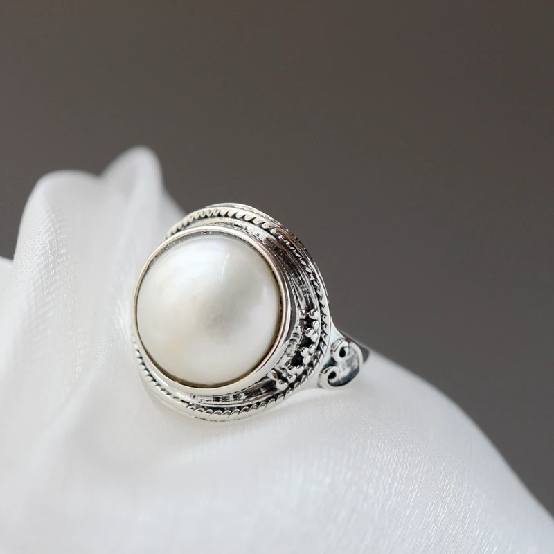 

Authentic 925 Sterling Silver Opening Rings Women Retro Style Charm Natural Mabe Pearl Rings Wedding Party Fine Jewelry Gift