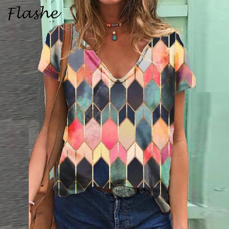 

Women Vintage T-shirt Summer Tops Geometric Print Soft Causal Elegant Short Sleeve V-neck Streetwear T-shirts Tops 3XL