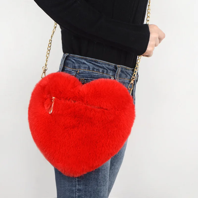

GW Stylish heart-shaped soft high quality faux fur Crossbody Bag fluffy purse chain shoulder bags