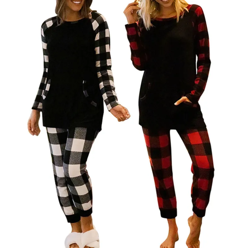 

Women Two-piece Pajamas Set, Plaid Printed Pattern Long Sleeve Round Collar Tops and Pants Spring Autumn