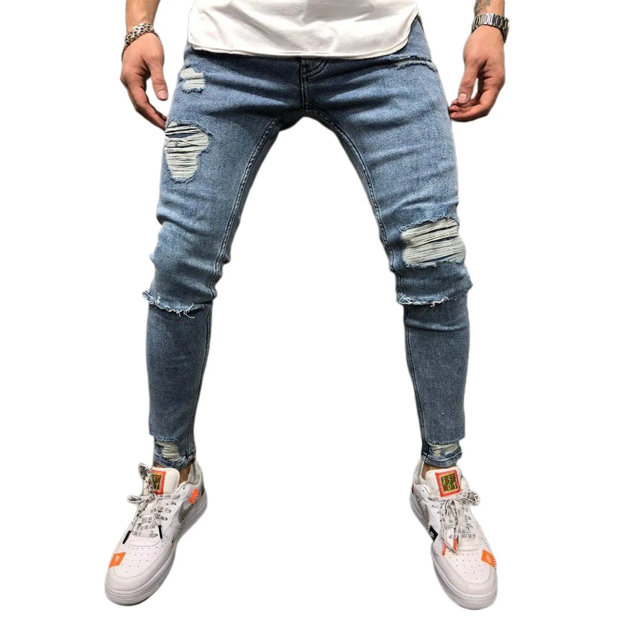 

Мужские эластичные рваные джинсы, брюки скинни со средней талией и карманами, повседневные стильные брюки, модные Джокер, новинка 2021