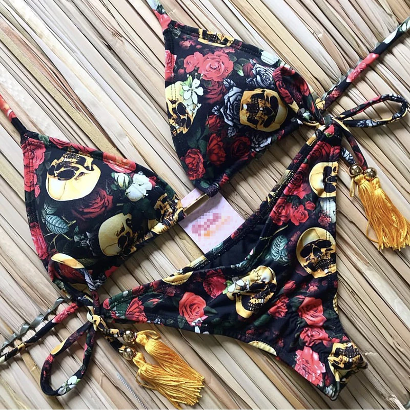 

2020 New Bikini Ribbon Print Missing Back Body Swimsuit Female Bikini Set Bathing Suits Woman 2020