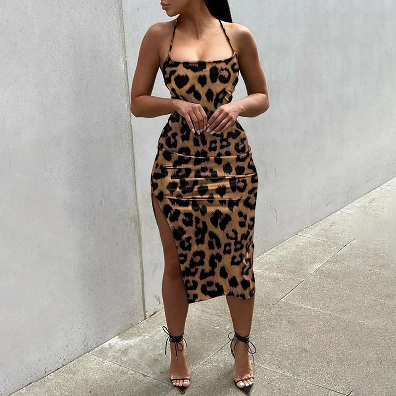 

Summer Womens Leopard Print Spaghetti Strap Bodycon Dress Ladies Sexy Strappy Beach Summer Dress V-Neck Holiday Party Dresses