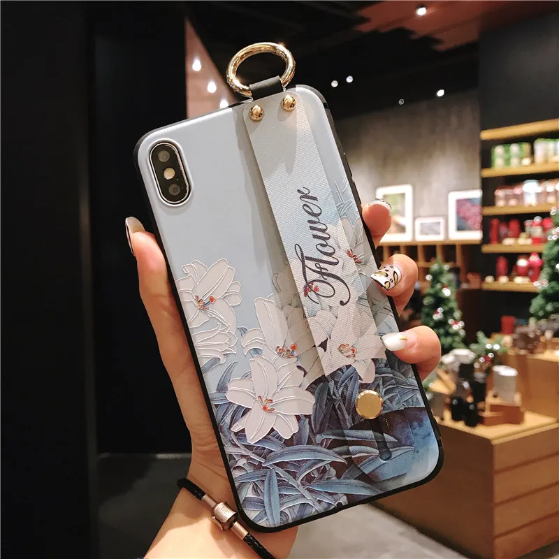 X Розовый напульсник чехол для телефона Etui iPhone 11 Pro Мягкий ТПУ Цветок накладка держатель для телефона для iPhone 7 8 6 6S Plus X XS XR XSMax Funda - Цвет: X