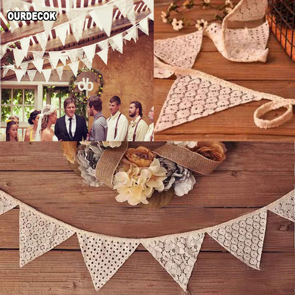 10Pcs/lot Vintage 2.1M White Cotton Lace 10 Flags Bunting Pennant Banner for Wedding Holiday Party Celebration Decoration | Дом и сад