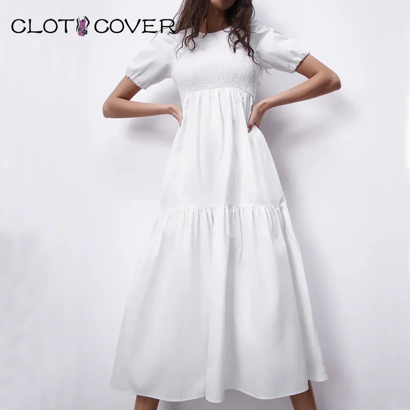 

ClothCover женское платье 2021 Летнее белое платье с коротким рукавом платье миди платья Женская одежда с рюшами; С эластичной резинкой Элегантные...
