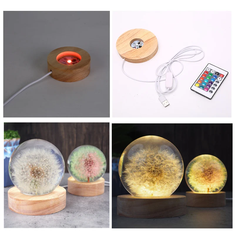 Adjustable Color Wood LED Light Dispaly Base with Remote Crystal Resin Art Decor