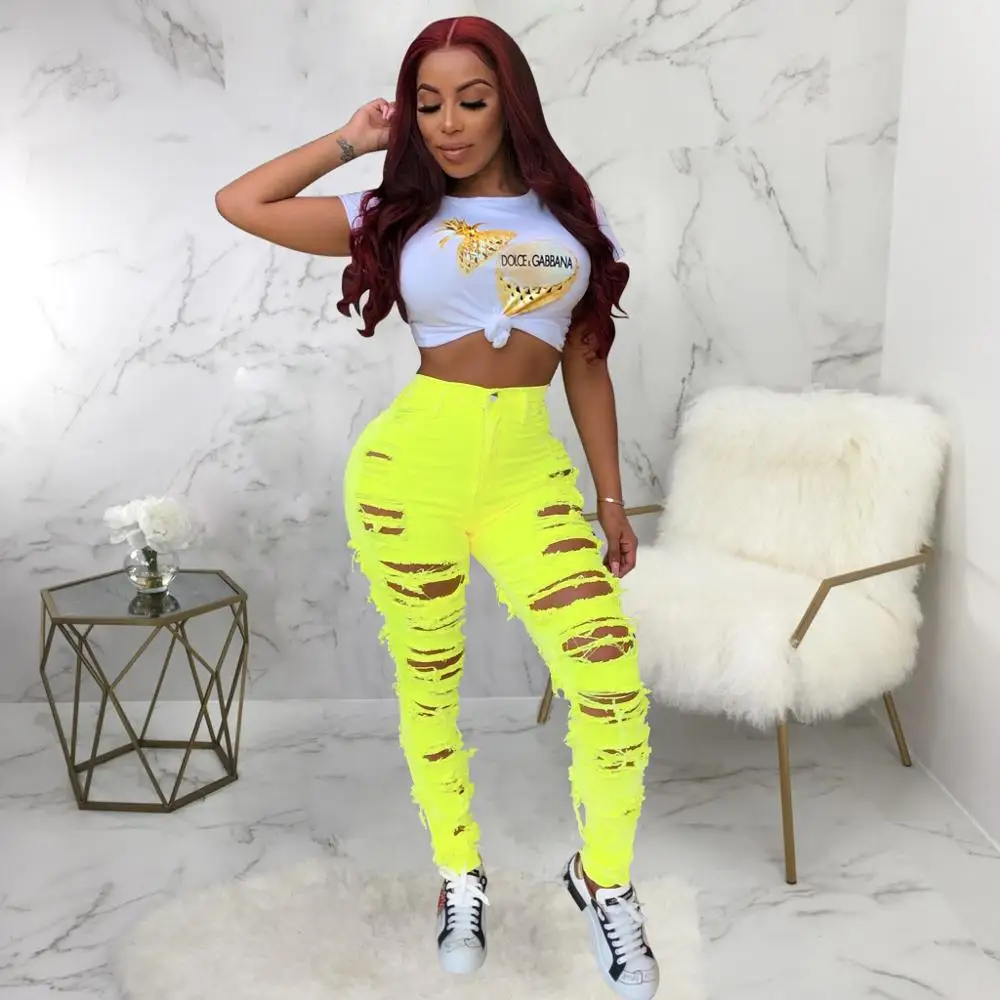 Wjustforu Colorful Fashion Hole Denim Jeans Female Sexy Bodycon Club Ripped Women Botton Casual Pencil Long Vestidos | Женская одежда