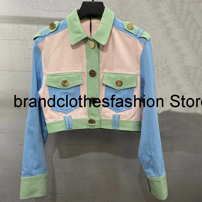 

Pink Blue Green Contrast Fashion Denim Jacket Women High Quality Short Coat Buttons Casual Jean Outerwear Lady 2021 New Autumn
