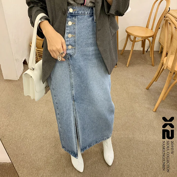 Женская джинсовая юбка KALENMOS синяя однобортная длинная повседневная с высокой