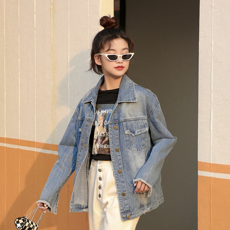 

2020Autumn Korean Version Solid Turn-down Collar Jean Jacket For Women Loose Printed Jacket Casual Blue Fashion Women Coats A068