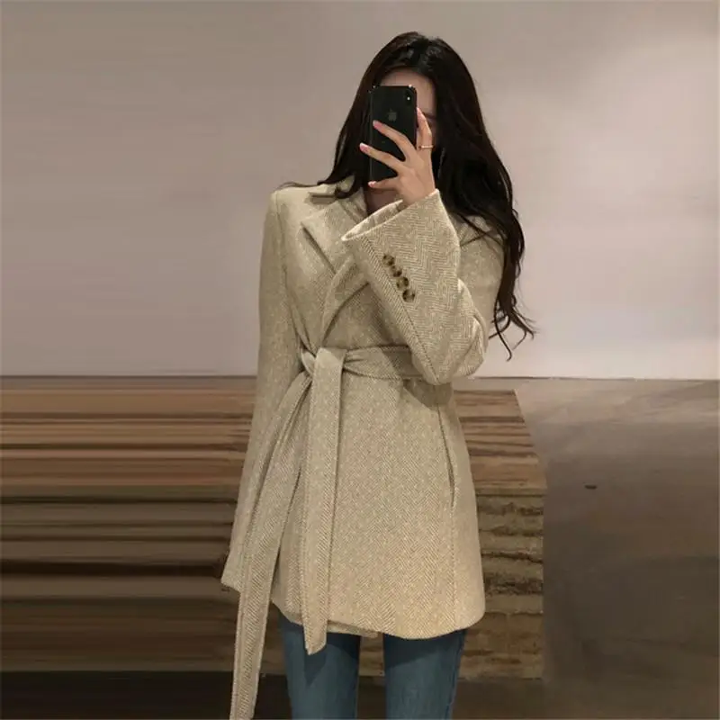 Women Autumn Winter Luxury Wool Blends Sash Waisted Slim Coats Elegant Plaid Printed OL Suits Vintage Chic Outfits | Женская одежда