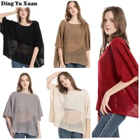 warm knitted pullover sweaters women slash neck cloak hollow out capes ponchos irregular loose shawls coat femme khaki grey red