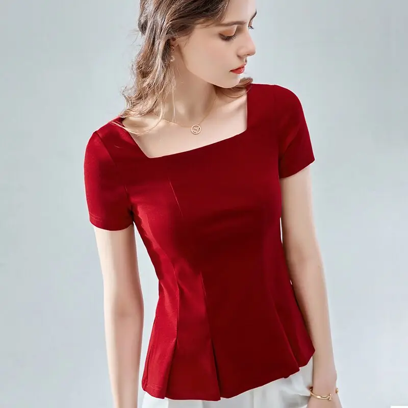 

Short-sleeved t-shirt women's summer 2021 new cotton t-shirt waist pleated hem French retro square collar top