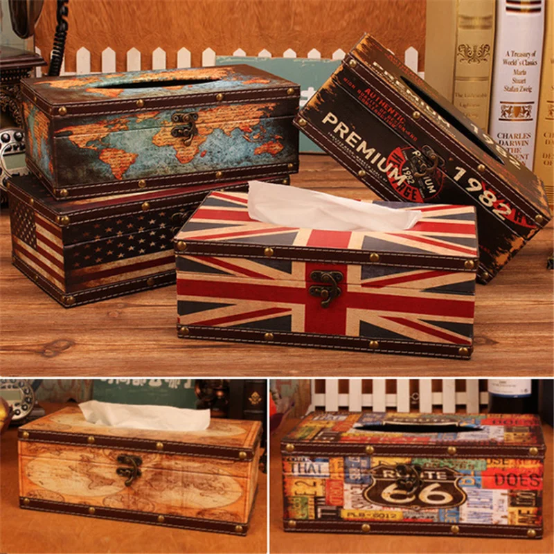 

2021British style Home Tissue box Retro Leather dispenser box holder desktop coffee shop decorate Paper towel napkin storage box
