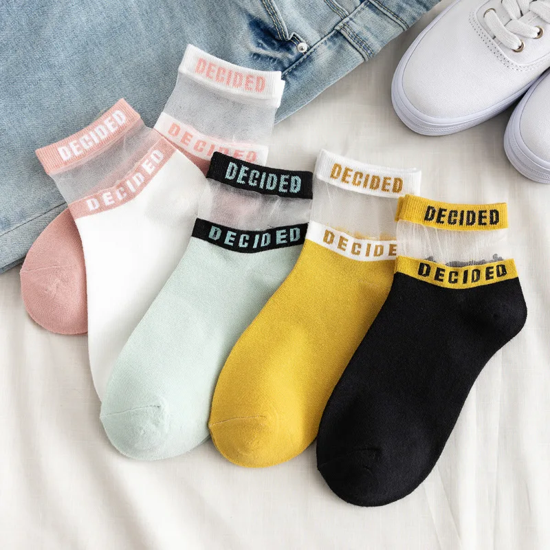 Летние прозрачные носки с буквенным принтом женские ажурные хлопковые короткие