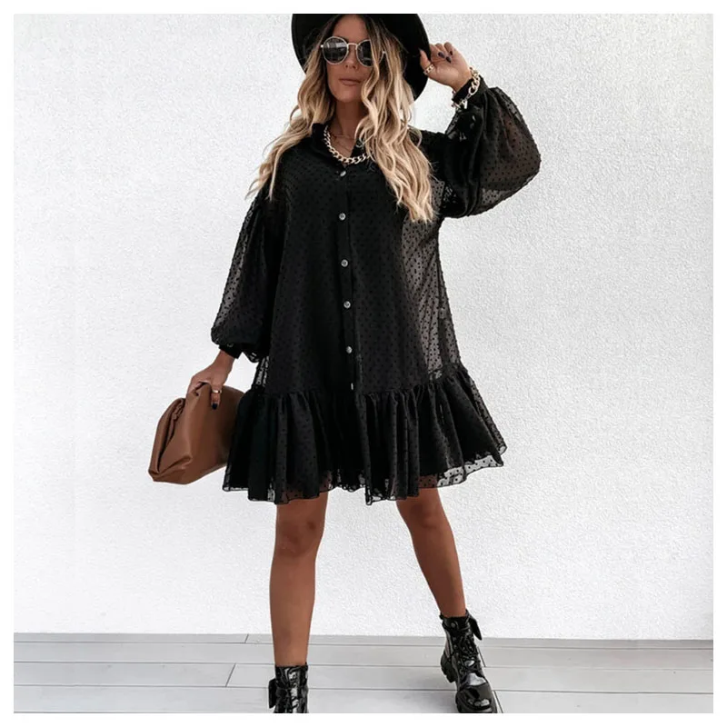 

Женское вечернее мини-платье, в черный горошек, с длинным рукавом и оборками, белого цвета