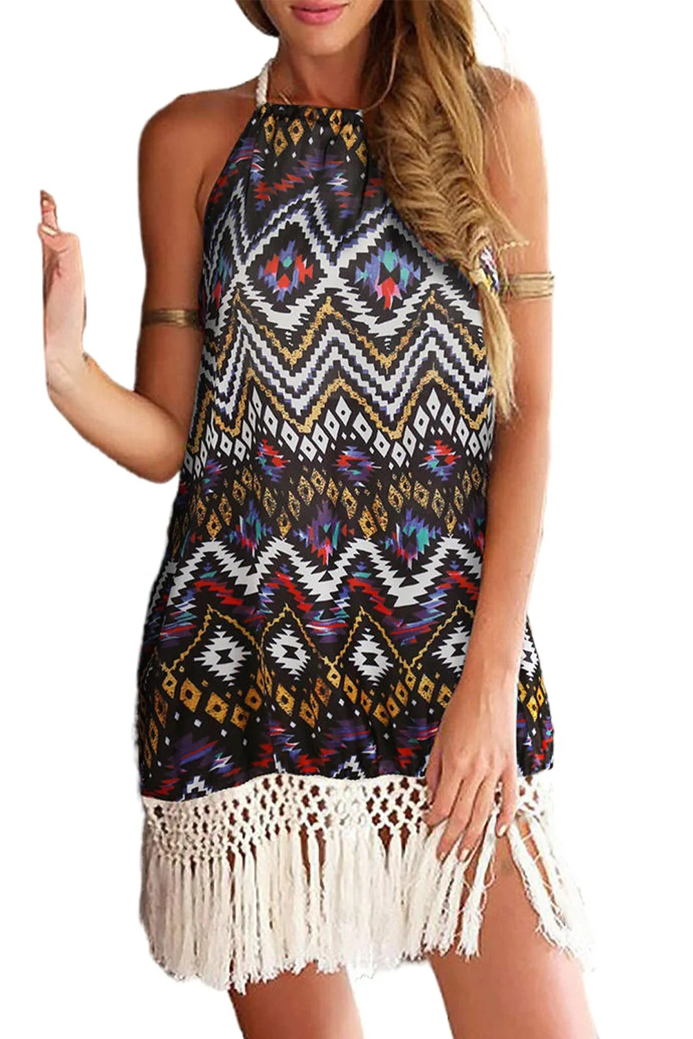 

Геометрической формы с открытой спиной с лямкой на шее с кисточками край мини женское летнее Повседневное платье без рукавов трапециевидно...