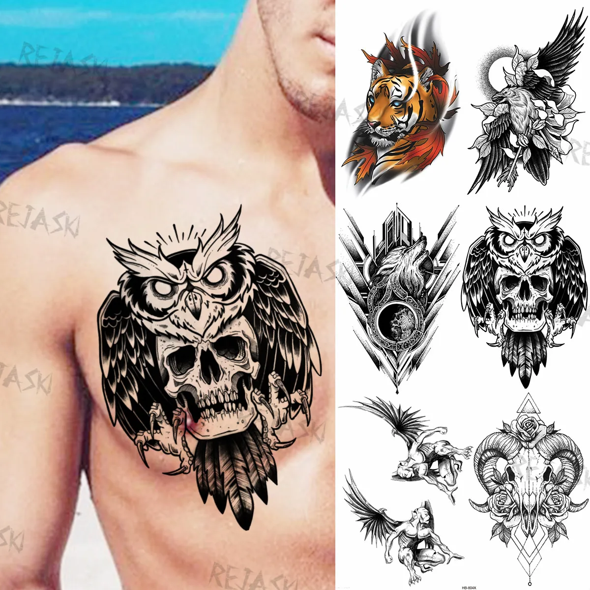 Realistic Owl Skull Temporary Tattoos For Men Women Adult Tiger Eagle Wolf Deer Fake Tattoo Sticker Wings Waterproof Tatoo Large