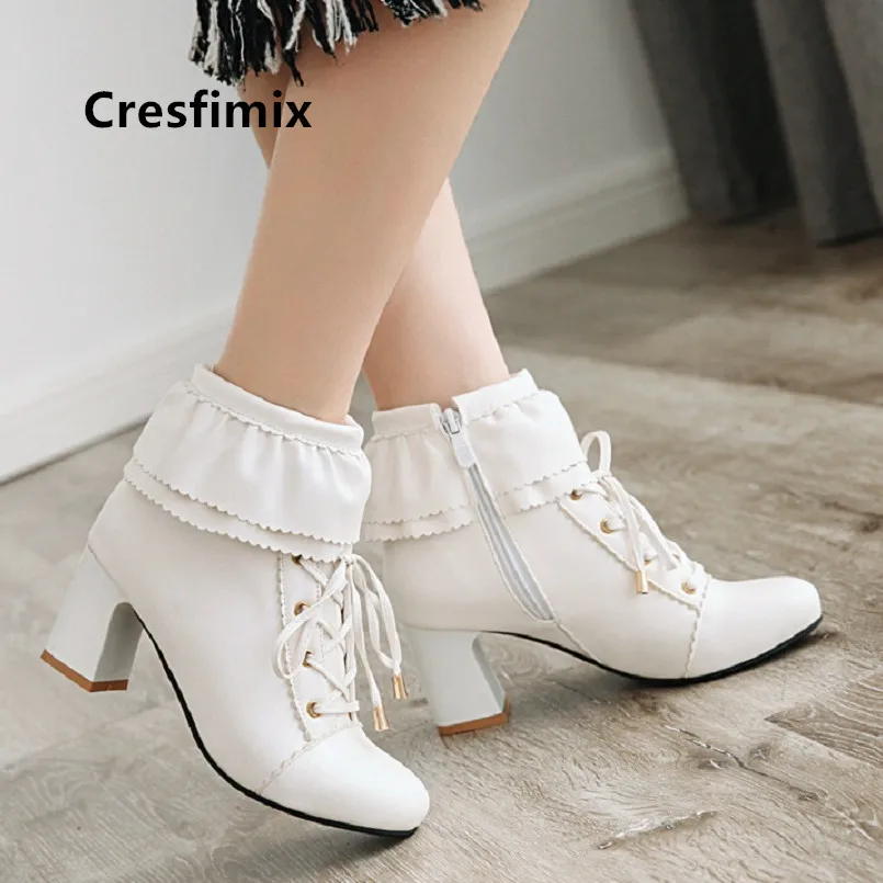 Женские милые белые ботильоны Cresfimix из искусственной кожи на высоком каблуке