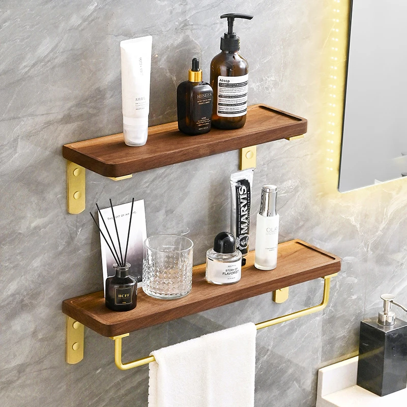 

Bathroom Shelf Brush Gold Brass Walnut Bathroom Shower Shampoo Soap Cosmetic Shelf Storage Organizer Rack Holder Bath Hardware