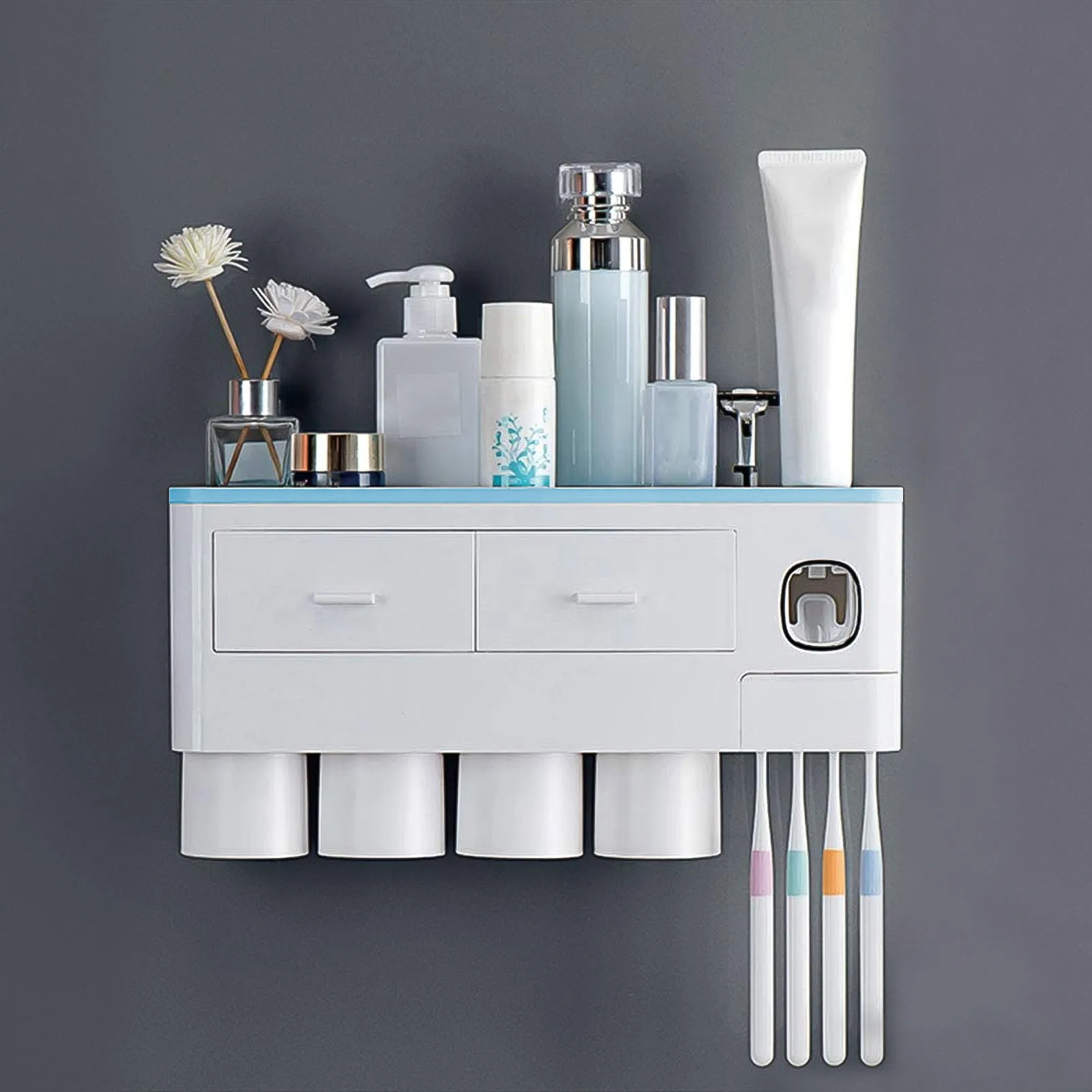 

Bathroom Toothbrush Holder No-Drilling Toothbrush Dispensers Toothpaste Squeezer Magnetic Toothbrush Holder Washroom Organizer