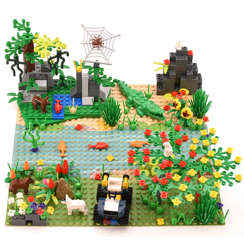 

City MOC Figure Accessories Grass River Baseplate Forest Jungle Crocodile Building Blocks Trees Model Bricks Kits DIY Kids Toys