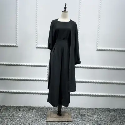 Black set Комплект из трех предметов, абайя, арабский халат, Дубайский кафтан, турецкое кимоно, топы, штаны, мусульманский хиджаб, платье, кафтан, ислам, одежда для женщин, джелла - Цвет: Black set