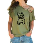 Футболка женская с принтом французского бульдога, топ с коротким рукавом, ассиметричная бандажная рубашка с перекрещивающимися полосками, одежда для девушек
