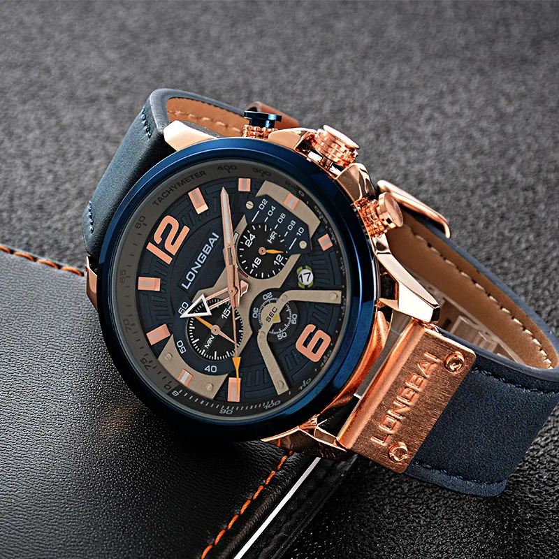 

Casual Sport Watches for Men Blue Top Brand Luxury Military Leather Wrist Watch Man Clock Fashion Chronograph Wristwatch