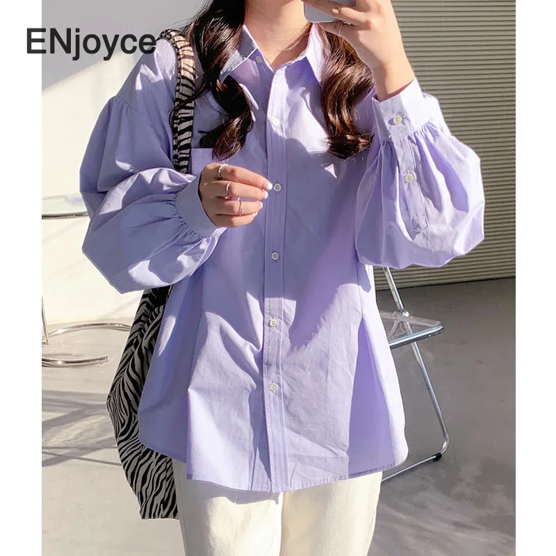 

Women Fashion Lantern Long Sleeve Full Cotton Shirt Korean Style Casual New Loose Blouse Wide Shoulder Shirts Spring Summer 2021