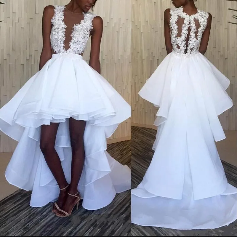 

2020 Elegant White High Low Lace Prom Dresses Plus Size Appliqued Prom Pageant Gowns Cheap Women Party Gowns