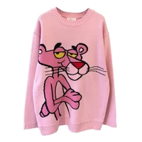 2021 spring korean new cartoon sweater women loose leopard round neck loose casual pullover knitting sweater female pink tops