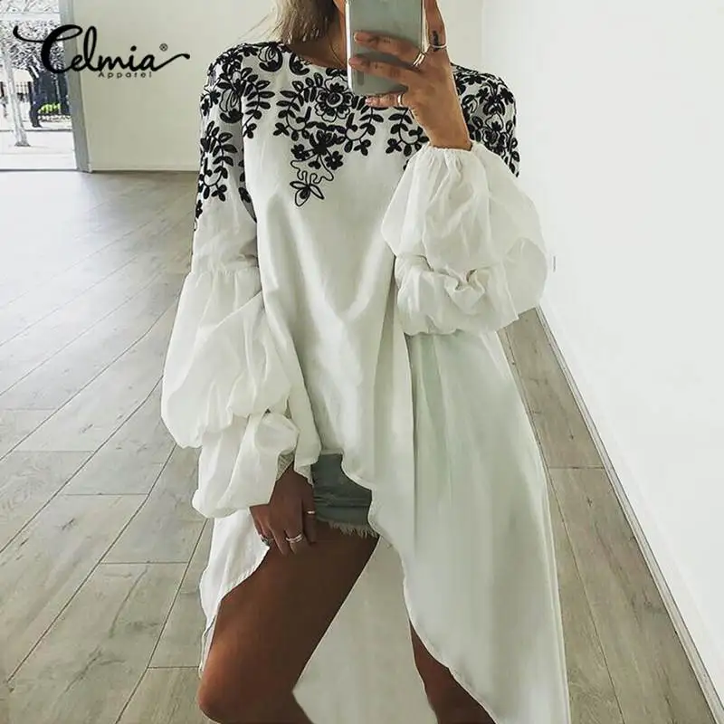 

Блузка Celmia женская с круглым вырезом, Повседневная Свободная Асимметричная длинная туника в стиле ретро с рукавами-фонариками