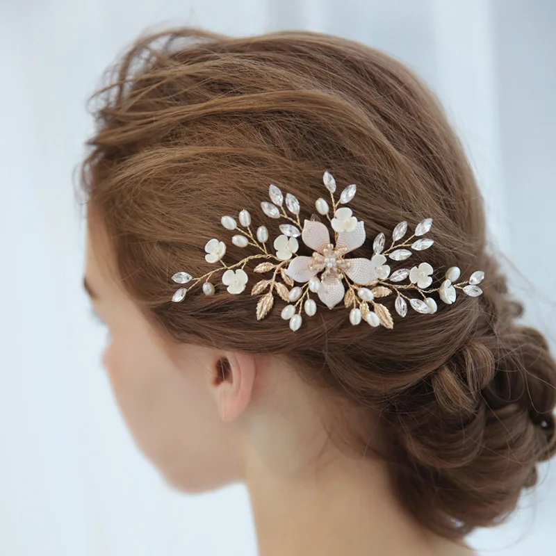 

Boho Gold Floral Bridal Comb Hair Piece Pearls Women Jewelry Handmade Crystal Wedding Prom Headpiece Accessories
