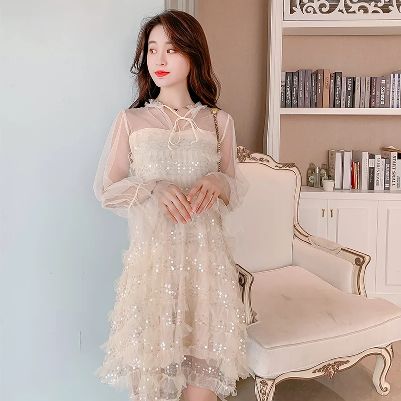 Новинка 2019 Осеннее милое женское платье Сетчатое нежное с блестками феи розовый
