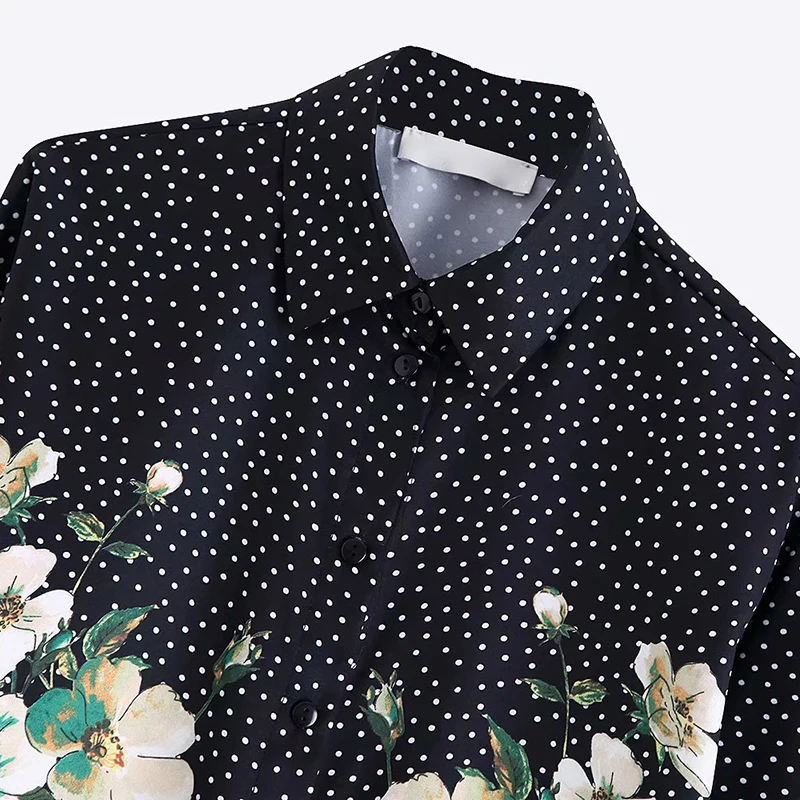 Женская белая блузка в горошек с цветочным принтом рубашка длинным рукавом и