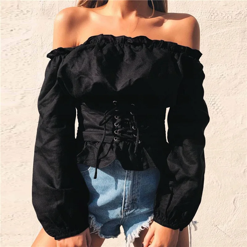 

Sexy Sashes Decoration Women T-shirt 2020 Summer Slash Collar Long Sleeves Femme Tops Tees Popular Fashion Appointment Clothes