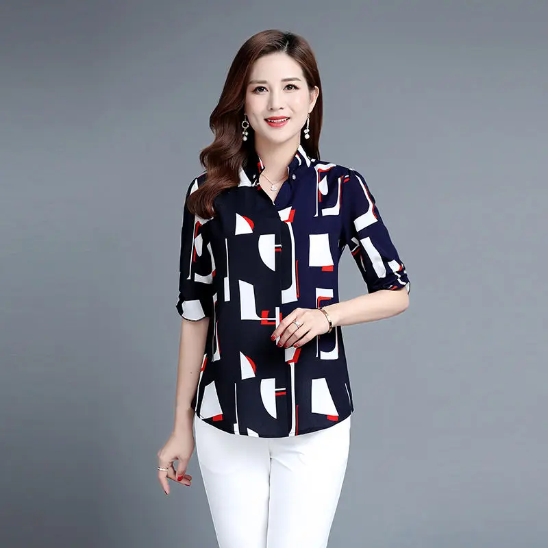 Женские блузки с коротким рукавом и принтом шифоновая блузка воротником-стойкой