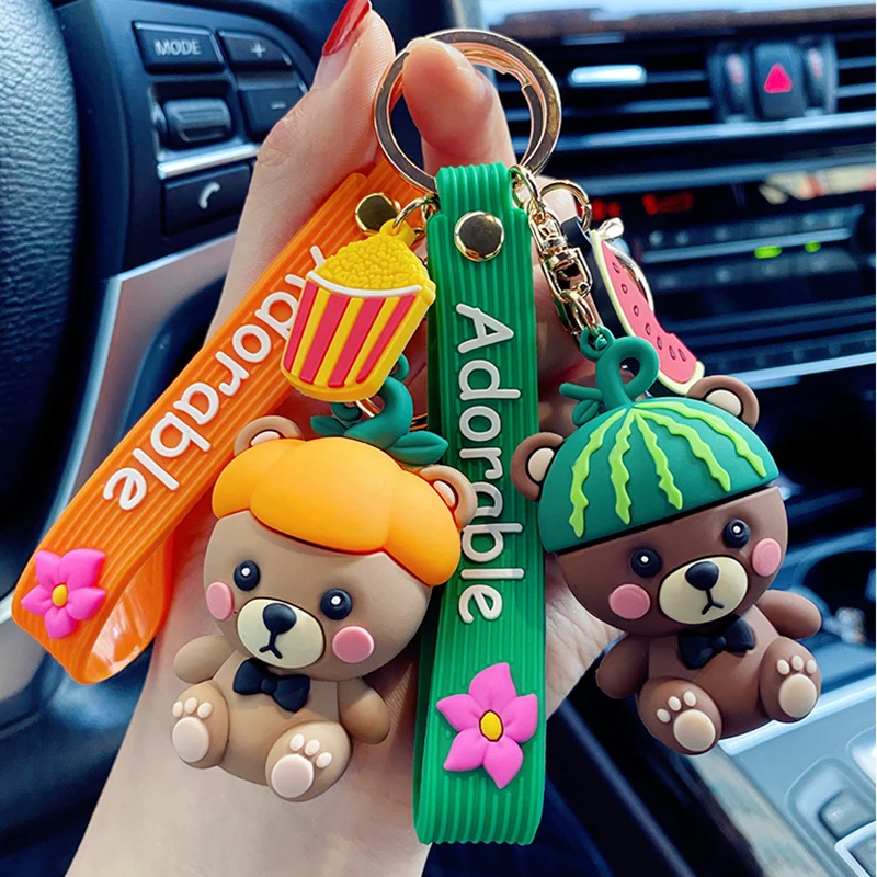 Милый брелок для ключей с клубникой арбузом фруктом мультяшным медведем женщин и