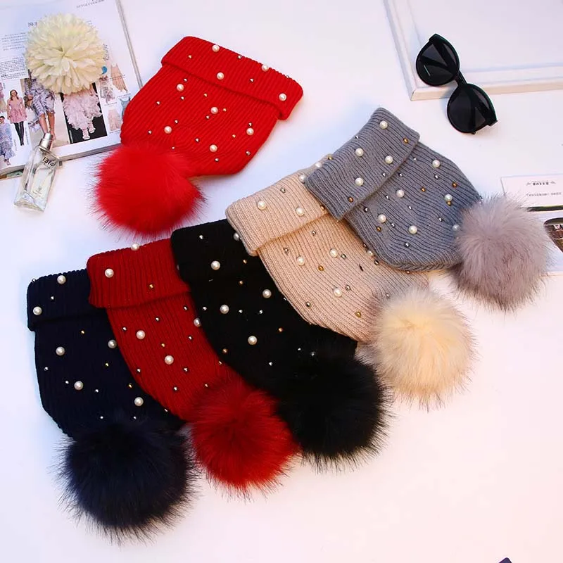 

Fashion Pearl Fur Pom Winter Warm Knitted Hats Bonnet for Women Girls Skullies Beanie Hat Femme Cap gorras invierno Casual