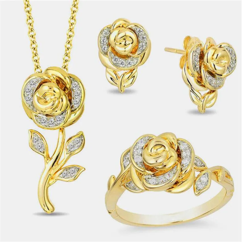 

Fashion exquisite beautiful rose zircon necklace earrings ring set romantic temperament ladies jewelry holiday gifts wholesale
