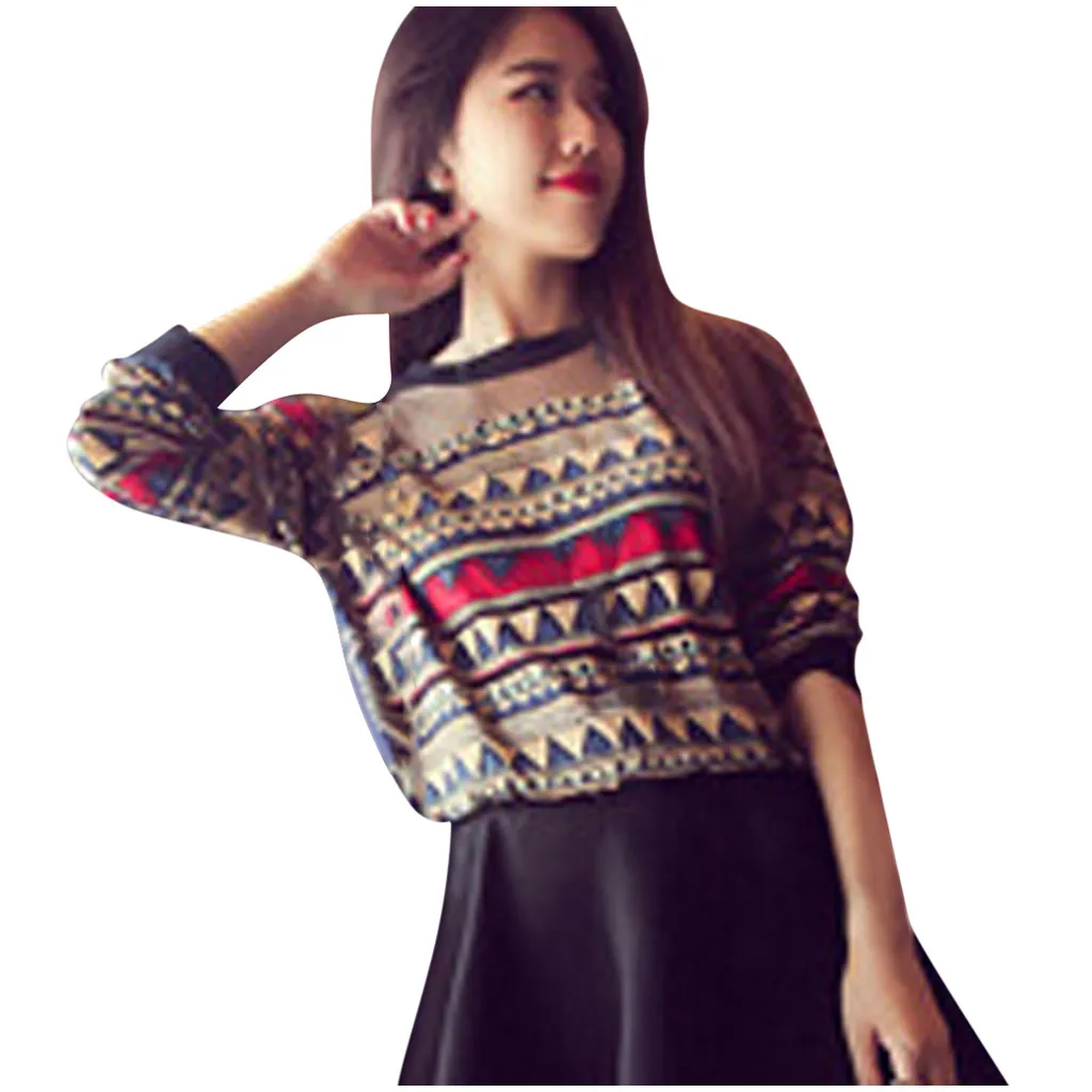 Блузка топы женская рубашка сетка длинный рукав o образный вырез шифон