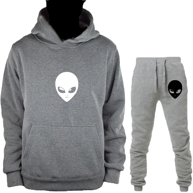 Gray-B-HuiK Alien толстовка с капюшоном+ брюки костюм для мужчин женщин осень зима пуловер Толстовка Топы с принтом по всему миру спортивный костюм повседневная одежда - Цвет: Gray-B-HuiK