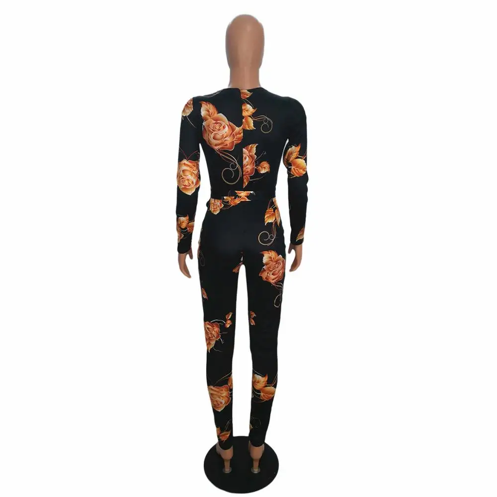 

Flower Printed Office Work Wear High Waisted Pants Women Deep V Neck Long Sleeve Jumpsuit And Romper Boydocn Playsuit